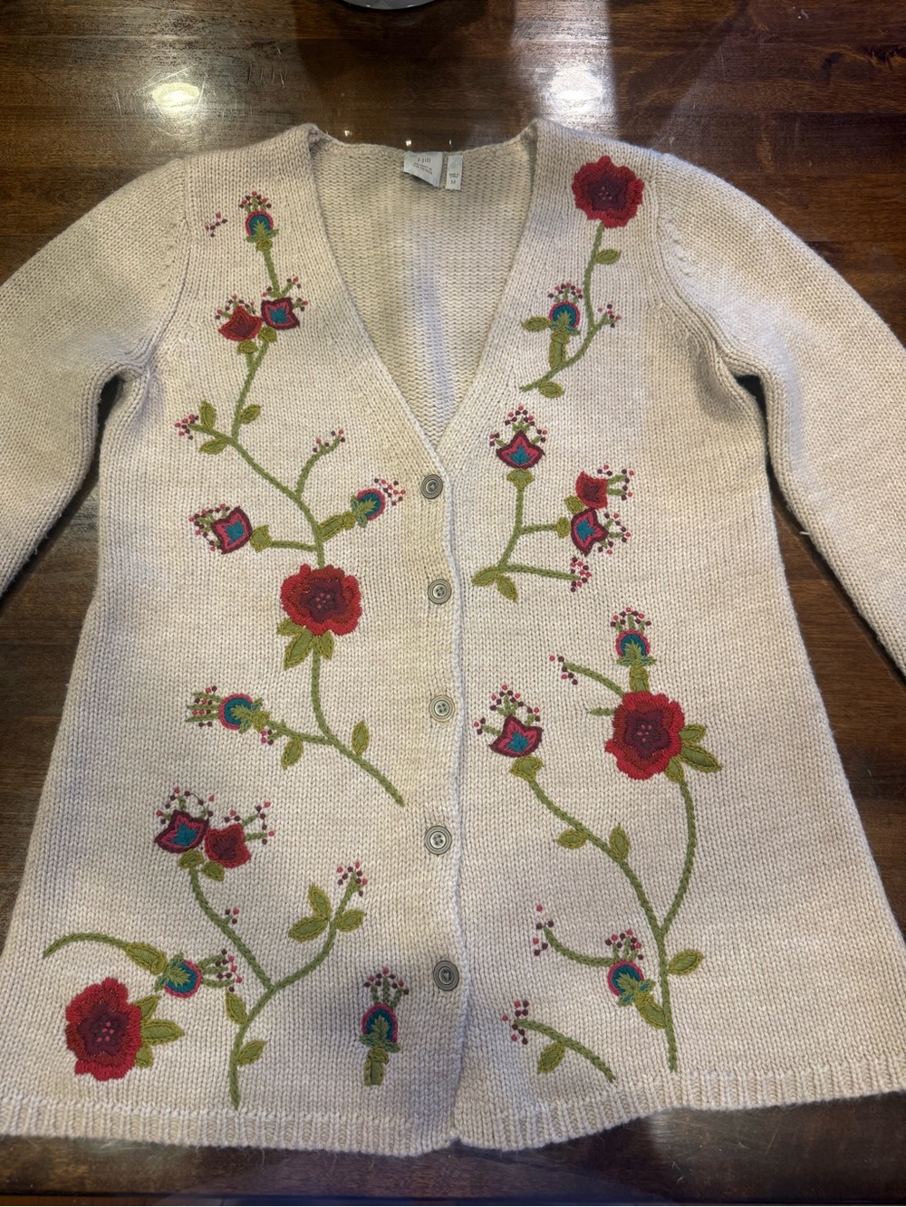 J. Jill Cream Cardigan with embroidered flowers and buttons - size M